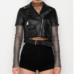 AKIRA Acerola Cropped Rhinstone Moto Jacket - Size L